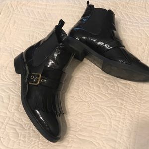 Marc Fisher black patent leather tassel twin boots